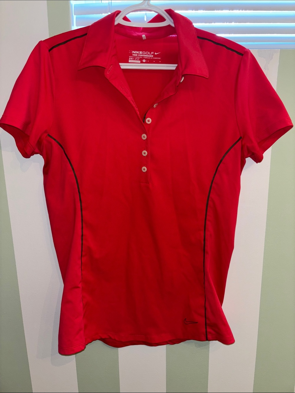 Nike Red Women’s Short Sleeve Button-Down Golf Polo with Black Piping